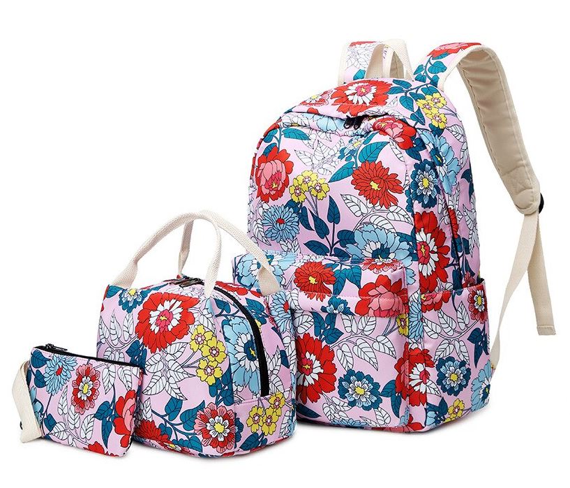 Školní batoh s potiskem květů – růžový